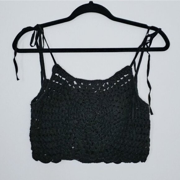 NWT ZARA black crochet festival retro boho button down crop top - Picture 3 of 8